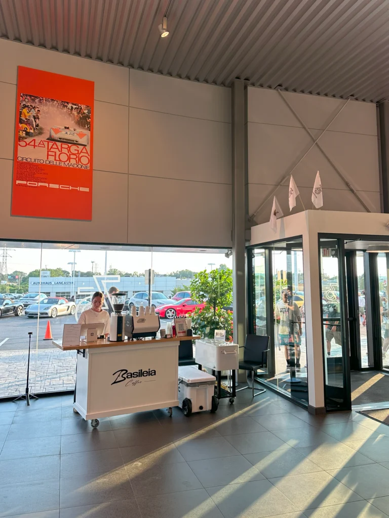 Coffee cart set up at Porsche for a corporate event