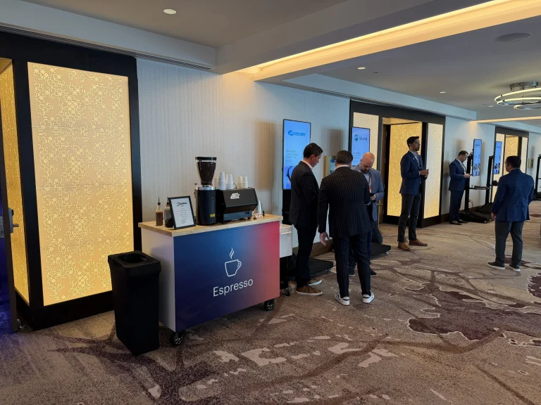 Conference attendees enjoying coffee in Philadelphia