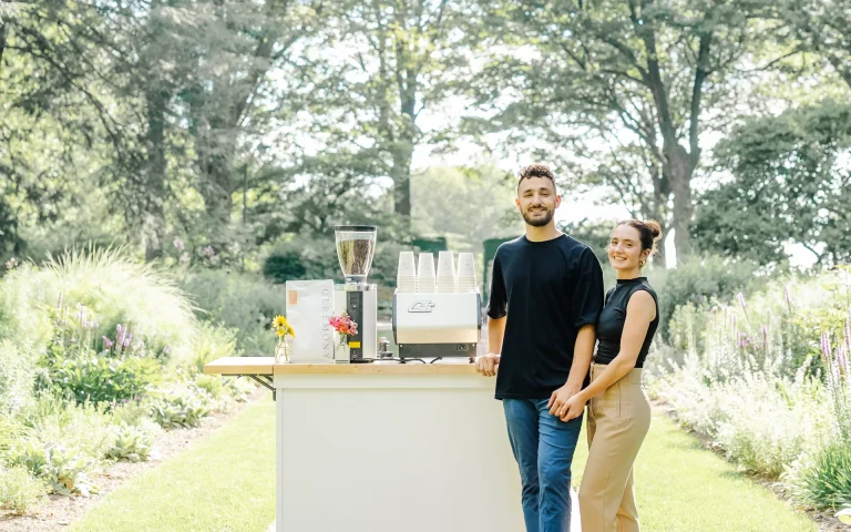 Coffee Cart Catering founders with their professional baristas with their high quality hand made cart.