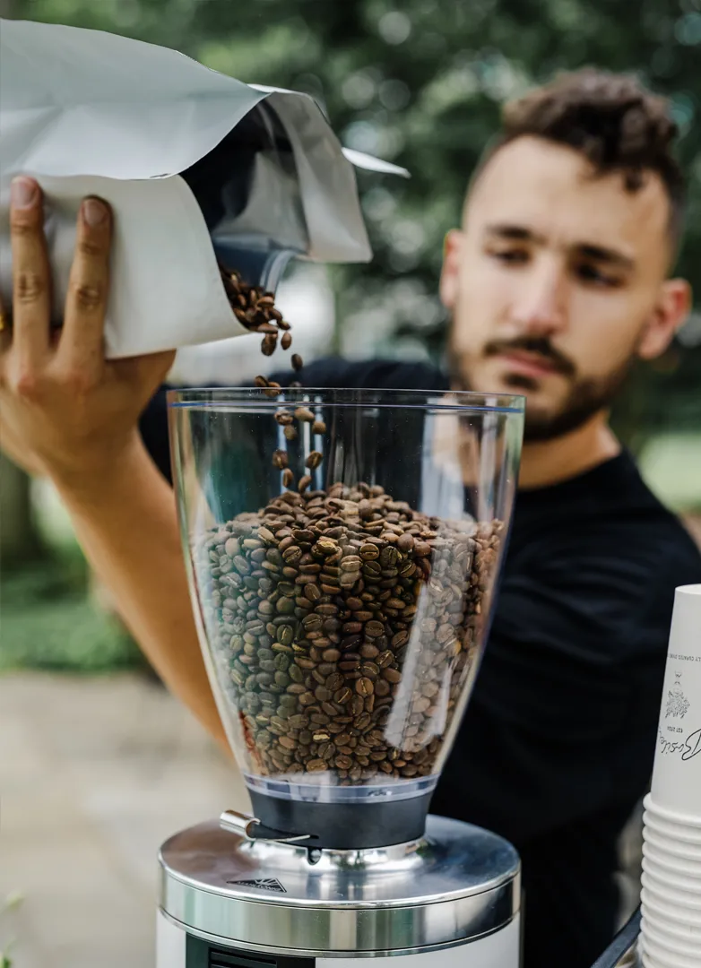Coffee cart catering using only fresh, organic beans in their espresso and coffee drinks.