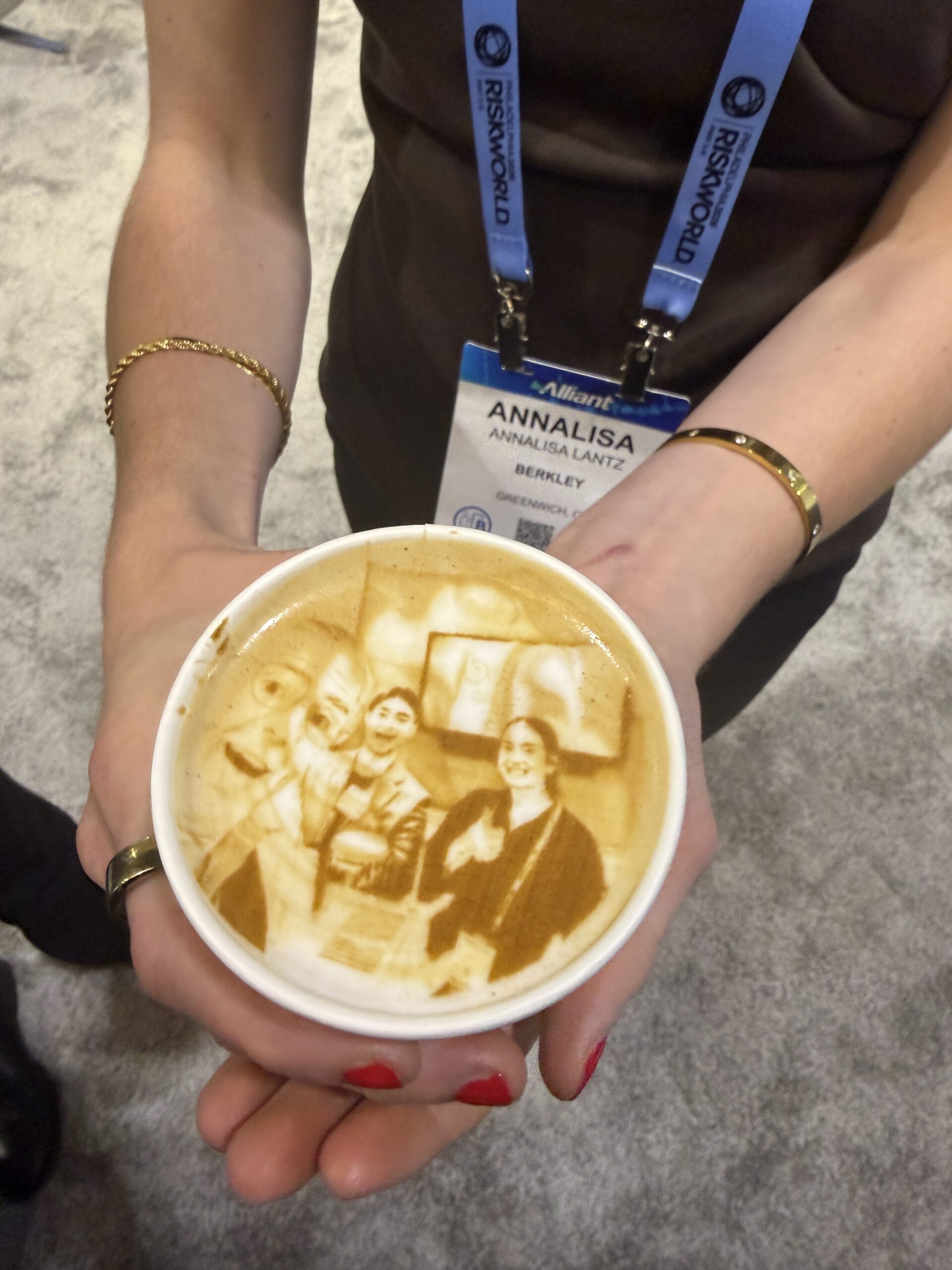 Custom latte art selfie at RIMS RiskWorld 2026 Pennsylvania Convention Center